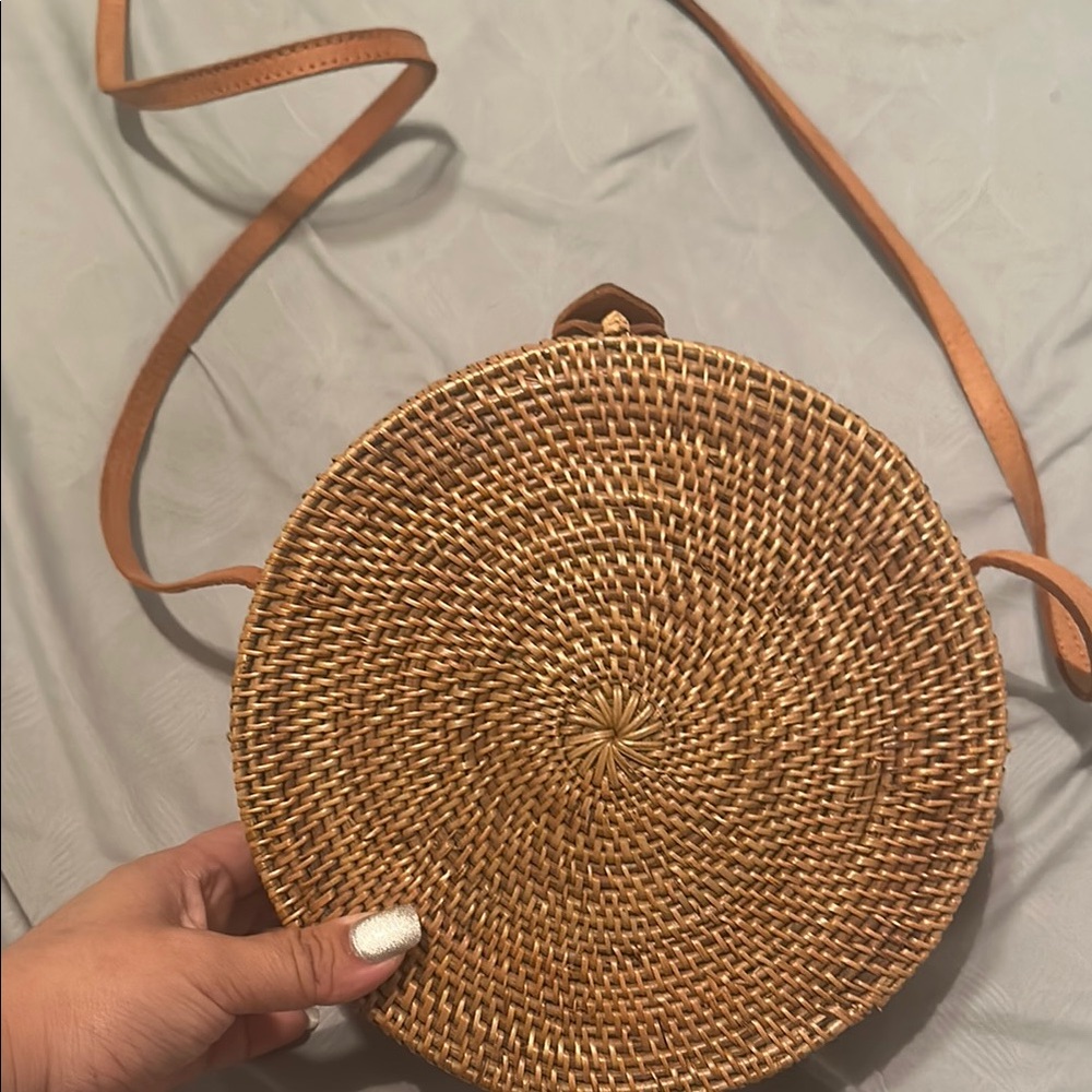 Round Woven Tan Crossbody Bag